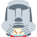 Moai statue head playing a red drum with wooden drumsticks.