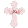 A pale pink cross patterned with subtle designs, featuring a pink ribbon bow and a small sparkling gem at the center.