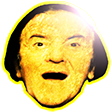 A distorted face with wide eyes and an open mouth, glowing with a bright yellow outline.
