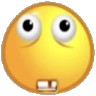 Yellow smiley face with wide, staring eyes and two buck teeth, looking upward in an expression of awkward confusion.