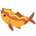 Hotdog fish swimming with a mustard stripe across its body.