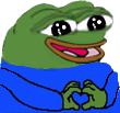 Pepe the Frog making a heart shape with his hands while smiling.