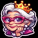 A cartoon grandmother wearing a golden crown and pink glasses, resting her chin on her hand with a smug expression.