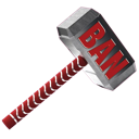 A silver hammer with a red handle and the word BAN written in red on the head.