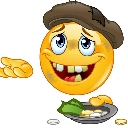 Yellow smiley face wearing a brown flat cap, grinning with a missing tooth, and holding out a bowl with money.