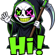 A chibi grim reaper with glowing green and pink eyes waving hello while holding a scythe.