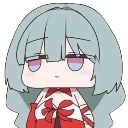 A chibi anime girl with blue hair and a smug, judging facial expression.
