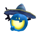 Blue blob character wearing a wizard hat with a wide, bright yellow toothy grin.