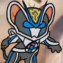 Jerry Mouse wearing a blue and gray armored superhero suit with a gold emblem on his forehead.