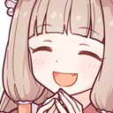 Anime girl with light brown hair smiling broadly with closed eyes and hands clasped together.