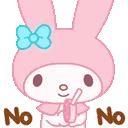 My Melody the rabbit wearing a blue bow says No No while holding a drink.
