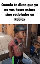 A young child wearing a helmet stands with text above them in Spanish about being a Roblox recruiter.