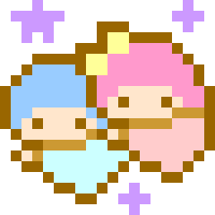 Kiki and Lala from Little Twin Stars standing together with purple stars floating around them in a pixel art style.
