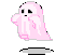 A small pink ghost with a sad expression floating above a gray platform.