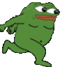 A green cartoon frog running quickly across the frame in a repeating animation loop.
