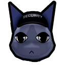 A stylized gray cat wearing a black security hat with a serious, suspicious expression.