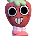 A cute 3D strawberry character with a wide, happy smile wearing a pink and white striped sweater.