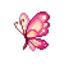 A small pixel-art butterfly with vibrant pink wings fluttering against a dark background.