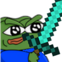 Pepe the Frog holding a pixelated blue diamond sword with a mischievous expression.