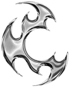A metallic silver crescent blade with sharp, jagged edges on a black background.