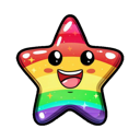 Rainbow star character with a wide, happy smile and sparkling highlights.