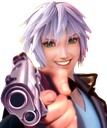 Riku from Kingdom Hearts smiling and pointing a silver handgun directly at the viewer.