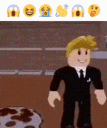 Roblox characters in suits and casual wear performing various confused and shocked expressions in a sequence.