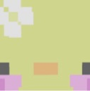A pixelated yellow duckling with a white flower on its head and pink blushing cheeks.