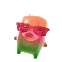 A blocky creature wearing red sunglasses with a smug, pursed-lip expression.