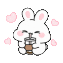 A cute white bunny with pink cheeks happily drinking from a coffee cup surrounded by floating pink hearts.