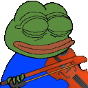 Pepe the Frog with eyes closed playing a violin with a smug expression.