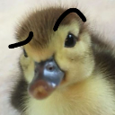 A fluffy yellow duckling with hand-drawn black eyebrows looking suspicious.