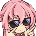 Yuno with pink hair adjusting her sunglasses with a smug, cool expression.