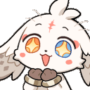 A cute white creature with sparkling star eyes and a joyful expression surrounded by floating hearts.