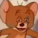 Jerry Mouse with wide, unhinged eyes and a distorted, unsettling grin.