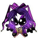 Jes bean character with large sparkling eyes and purple hair looking adorable.