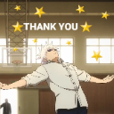 Satoru Gojo stands with arms wide open under floating yellow stars with the text THANK YOU displayed above him.