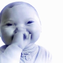 Baby giggling with a hand covering its mouth in a blue monochrome filter.