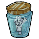 Dave trapped inside a glass jar waving his hand.