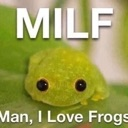 A tiny green frog sitting on a leaf with the text MILF and Man, I Love Frogs written above and below it.