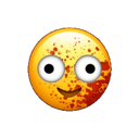 A yellow smiley face with wide eyes and a grin, covered in red blood splatters.
