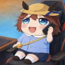 A chibi horse girl with brown hair and a tan hat smiling while holding a smartphone to her ear.