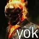 Ghost Rider with a flaming skull has the word yok written in white text over his chest.