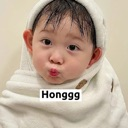 A baby wrapped in a white towel making a funny pouting face with the text Honggg below.