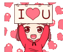 Anime girl with brown hair wearing a red hoodie holding a sign that says I heart U surrounded by floating pink hearts.