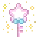 A pixel art key with a star-shaped head, pastel pink and blue colors, surrounded by yellow sparkles.