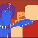 Blue genie with a smug expression reaching out with a large hand toward a blocky figure.