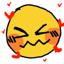 Yellow emoji face with a squiggly mouth and blushing cheeks surrounded by floating red hearts.