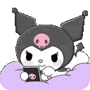 Kuromi with a mischievous expression looking down at a smartphone while resting on a purple pillow.