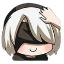2B from NieR Automata with a blindfold receiving a gentle hand pat on her head.